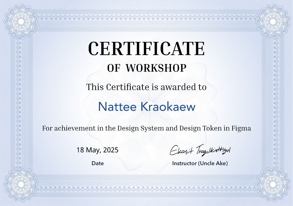 Certificate of Workshop for Design System and Design Token in Figma — Nattee Kraokaew, 18 May 2025