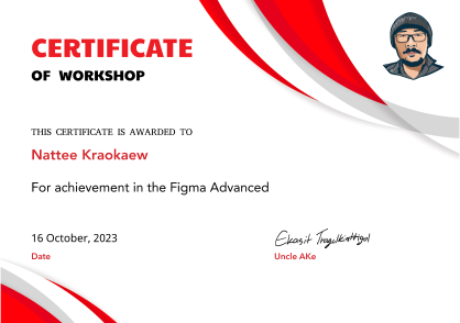 Certificate of Workshop for Figma Advanced — Nattee Kraokaew, 16 October 2023