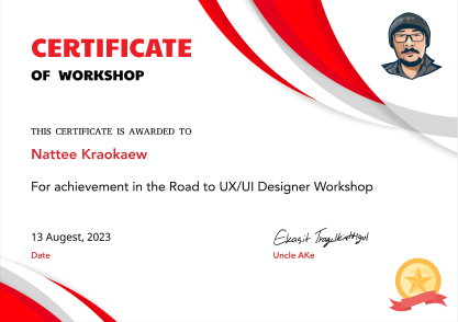 Certificate of Workshop for Road to UX/UI Designer — Nattee Kraokaew, 13 August 2023
