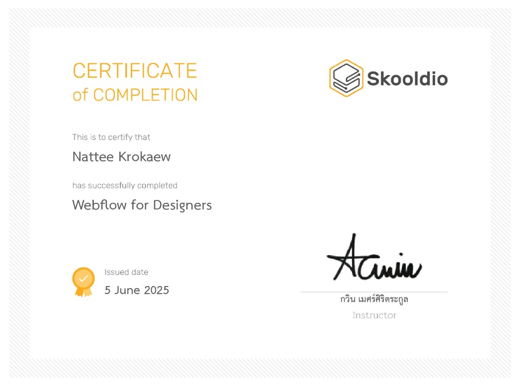 Skooldio Certificate of Completion for Webflow for Designers — Nattee Kraokaew, 5 June 2025
